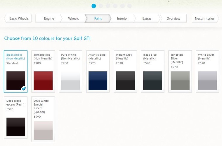 Car makers' configurators will give you an idea of the choice and price of paints.