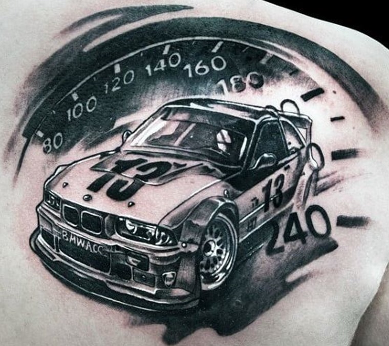 BMW black and white racing car tattoo