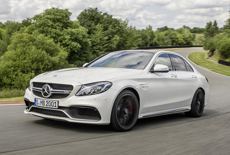 Mercedes-Benz C63 saloon 2015 white front three-quarters on track