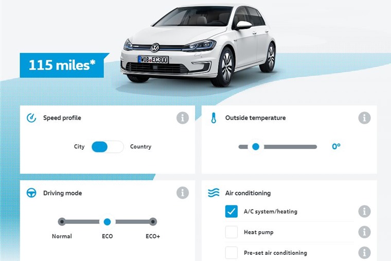 Volkswagen e-Golf range calculator is available on VW's website.